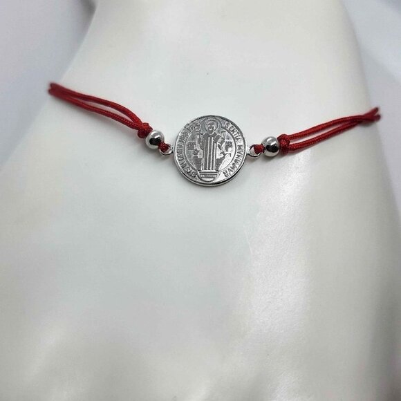 NEW Sterling Silver 925 Saint Benedict Design With Red String Bracelet - Picture 1 of 3